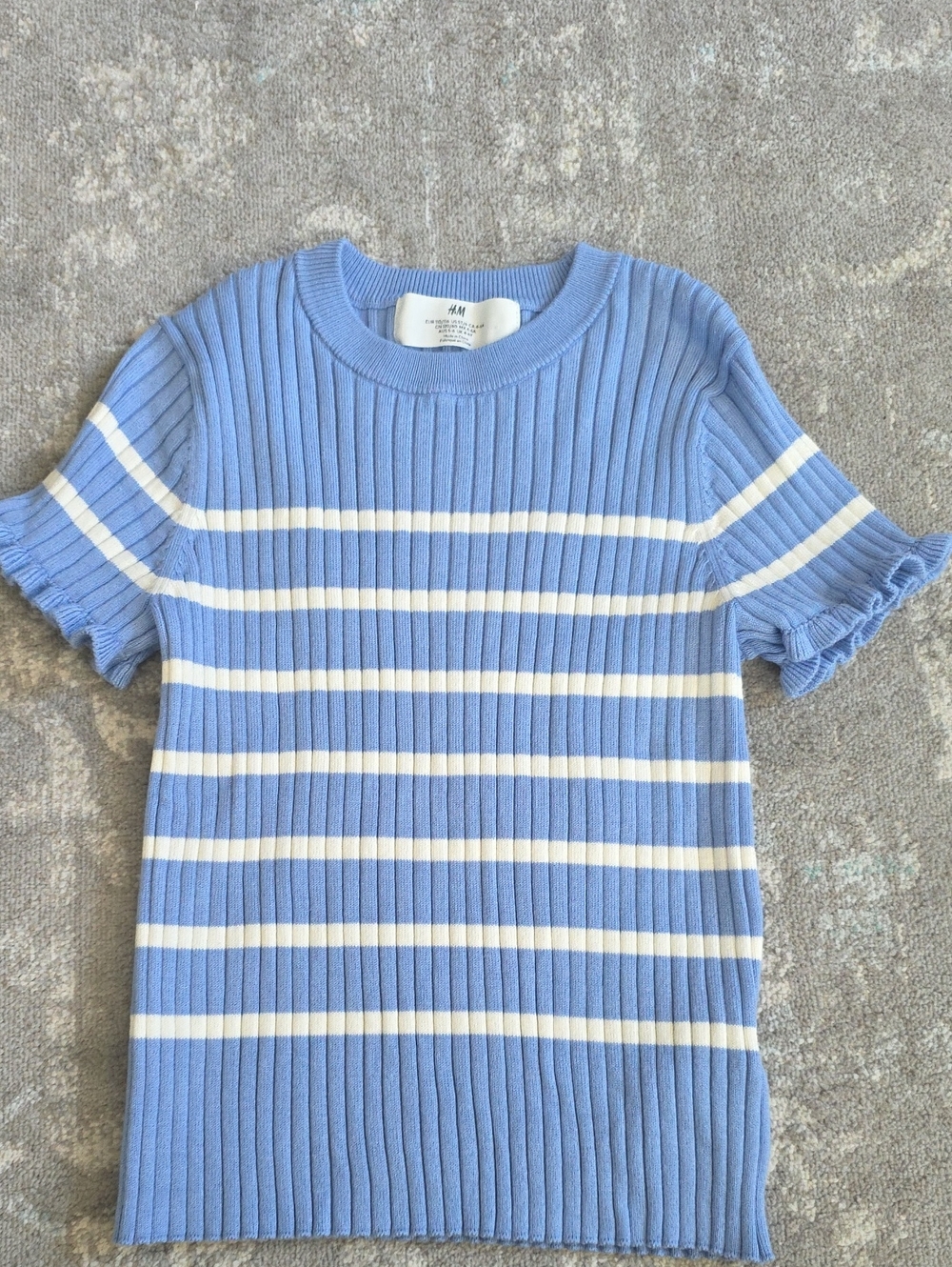 H&M Light Blue & White Striped Ribbed Short Sleeve Top - Girls 5-6
